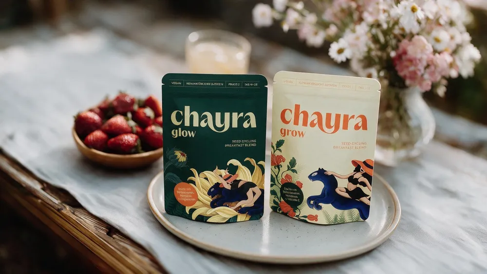 CHAYRA Beutel für beide Zyklushälften auf einem Frühstückstisch