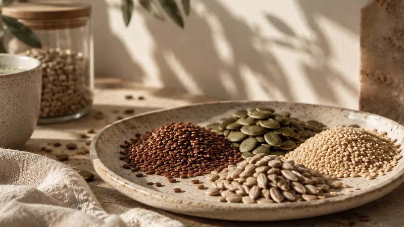 Teller mit Leinsamen, Kürbiskernen, Sonnenblumenkernen und Sesam